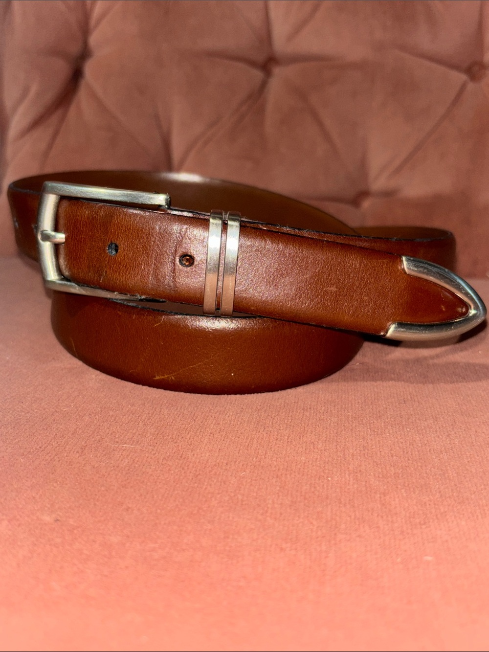 Men’s cognac Brown Leather Belt with Silver Buckle western classic business 40